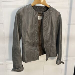 Max Mara Womens 6 Leather Jacket Gray, Collarless, Hook Eye, Notched Cuffs Italy